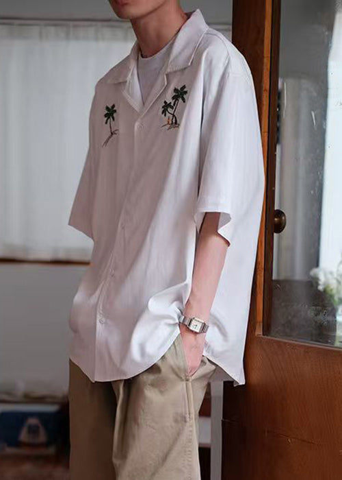 Men's Button Loose Shirts Cotton Summer Embroideried White