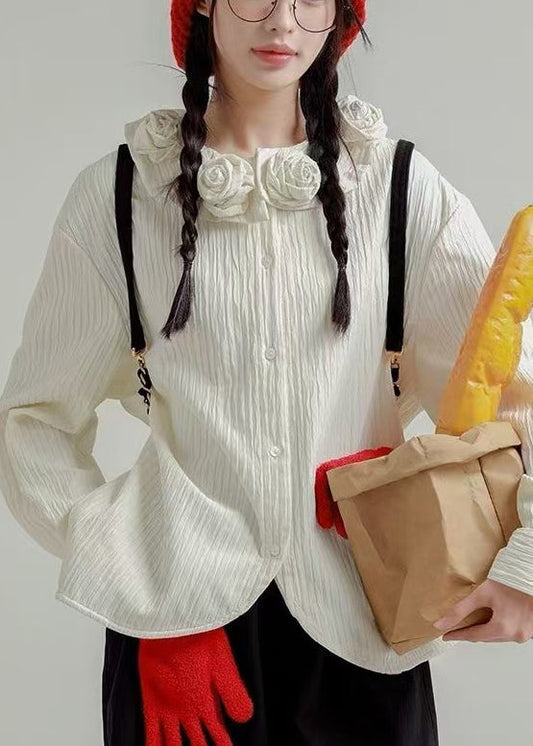 Floral Cotton Loose Button Spring White Shirt