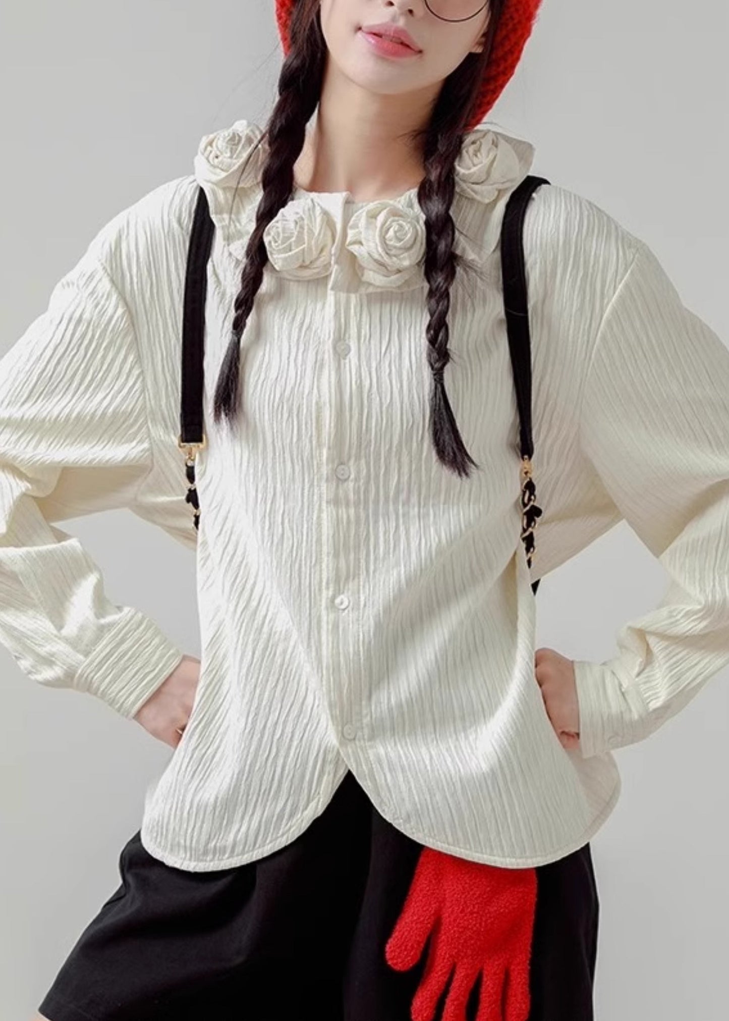 Floral Cotton Loose Button Spring White Shirt