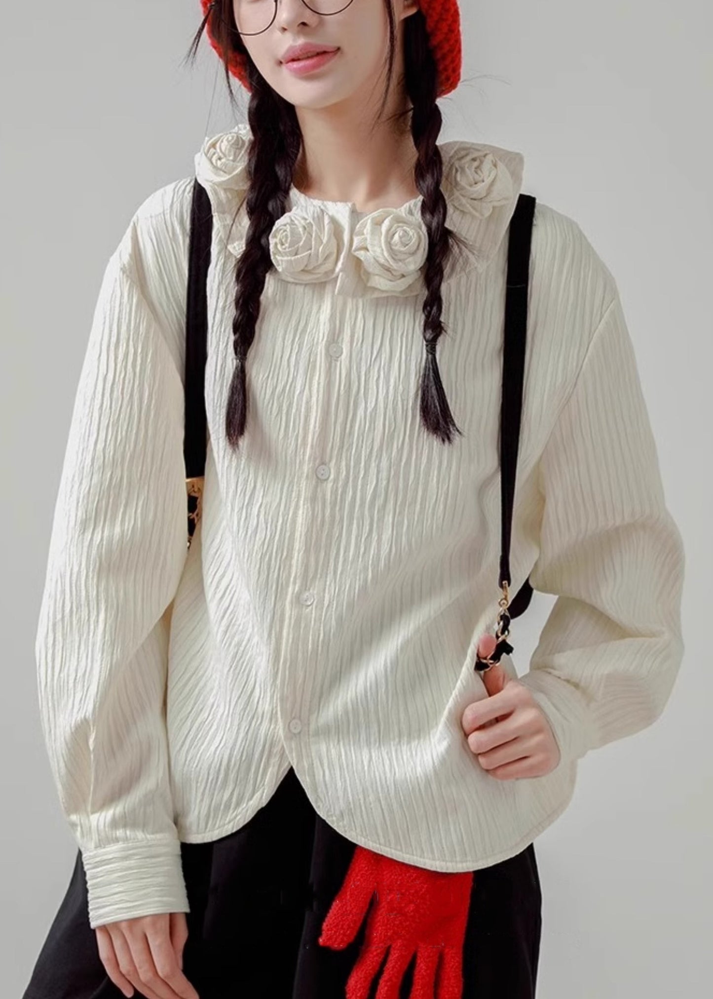 Floral Cotton Loose Button Spring White Shirt