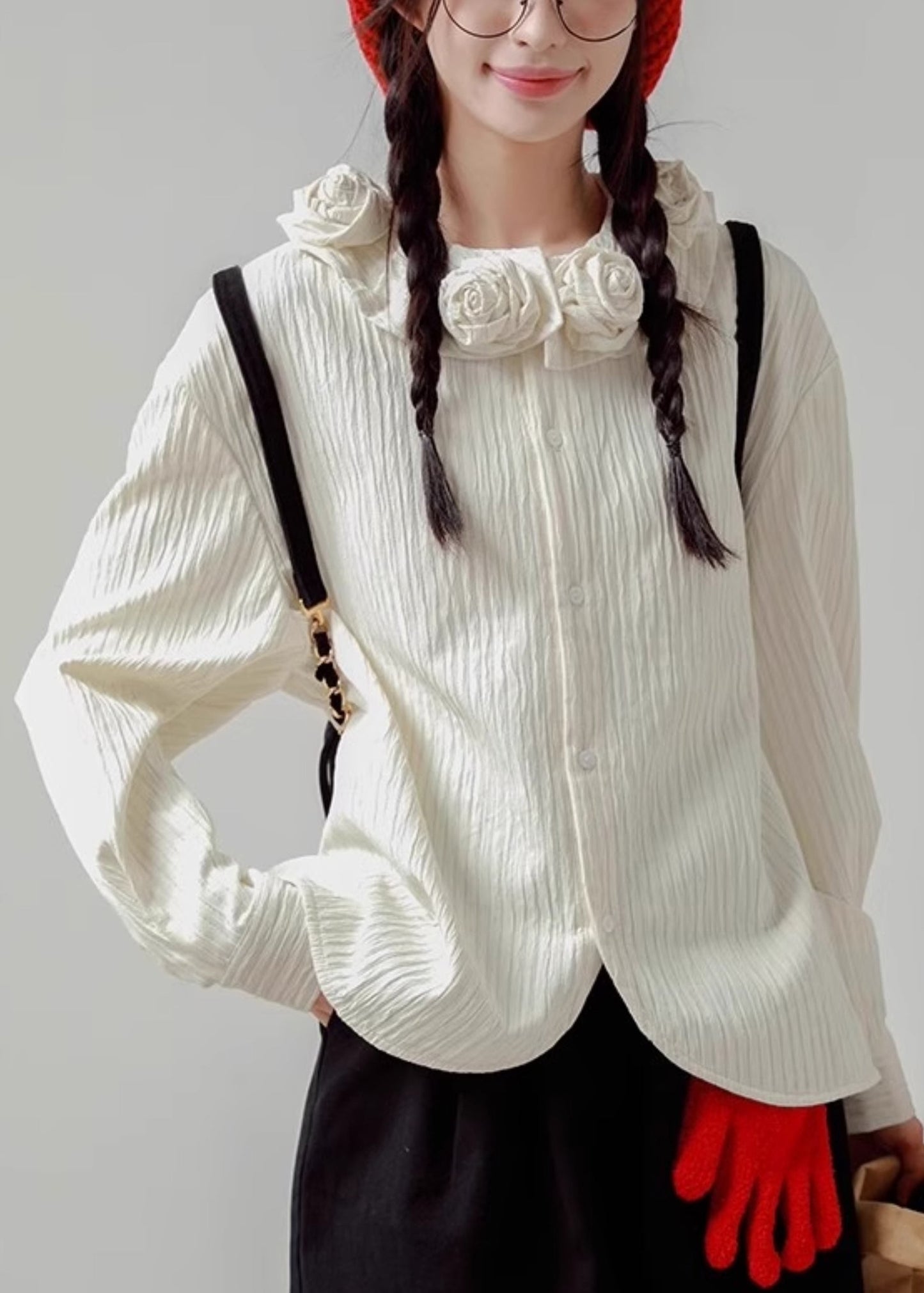 Floral Cotton Loose Button Spring White Shirt