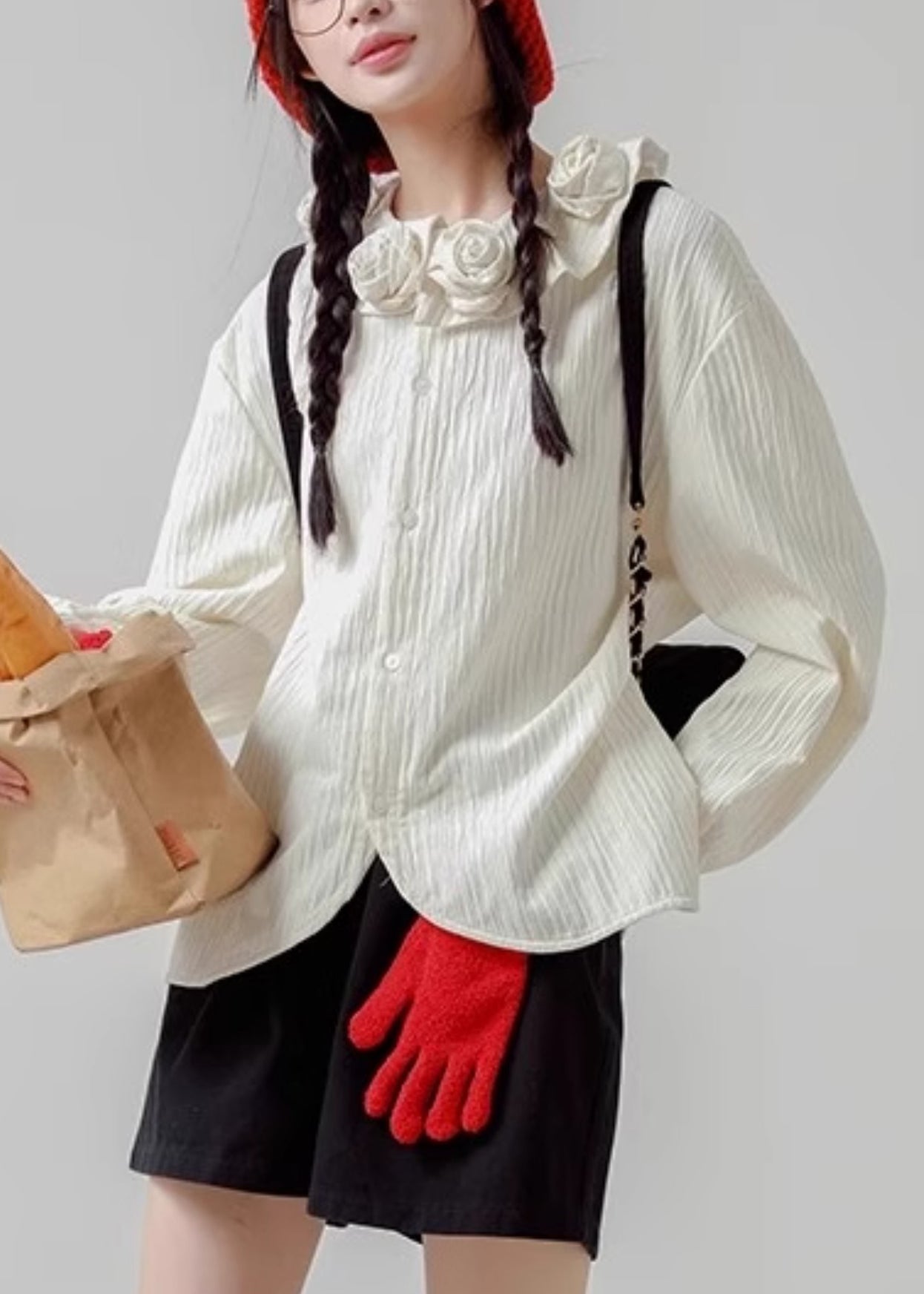 Floral Cotton Loose Button Spring White Shirt