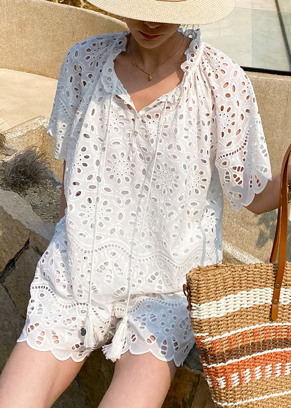 Loose Set Two Cotton Summer Out White Lace Piece Hollow Up