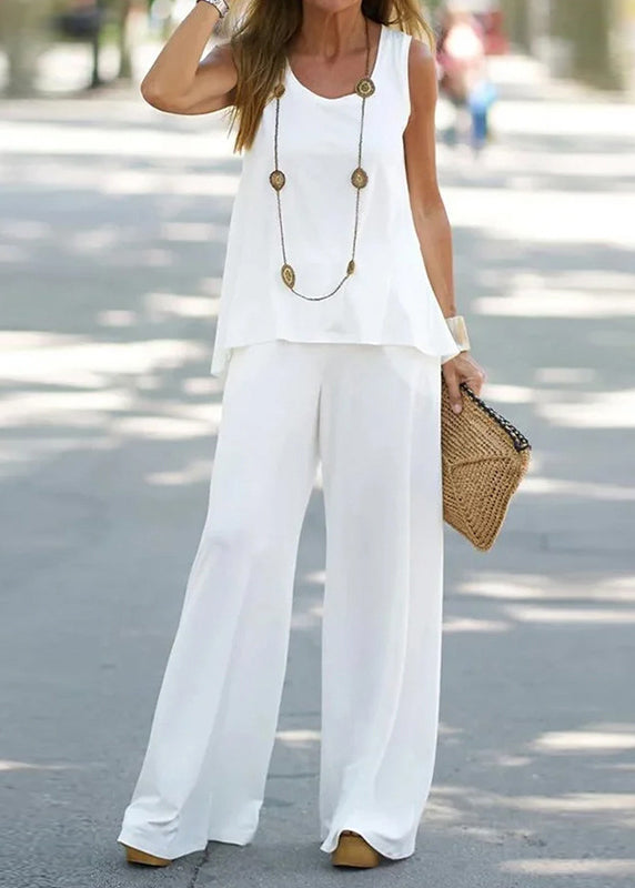 Loose Cotton White Out Two Solid Sleeveless Pieces Hollow Set