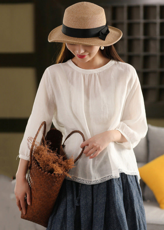 Neck Shirt O Tops Lace White Summer Linen Patchwork Loose