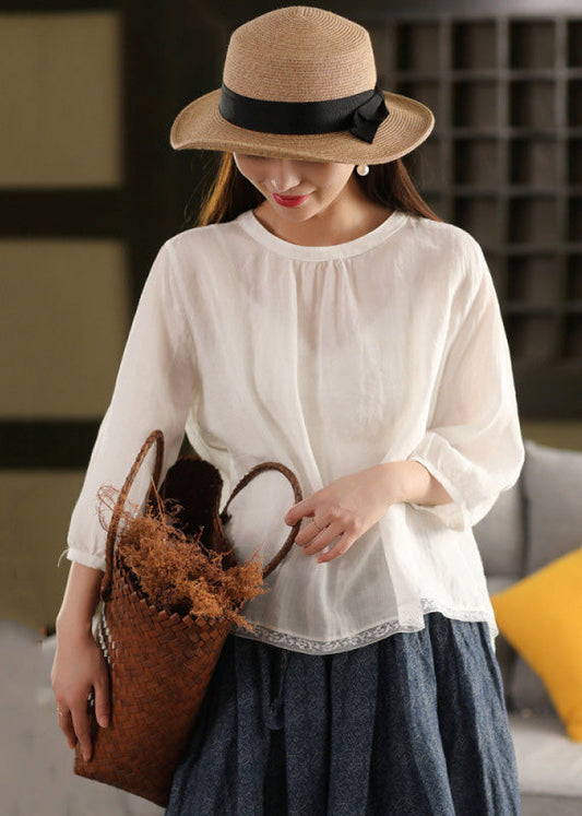 Neck Shirt O Tops Lace White Summer Linen Patchwork Loose