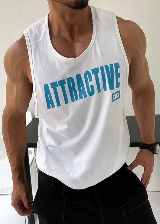 Men Cotton Tank White O Loose Neck Sleeveless Letter