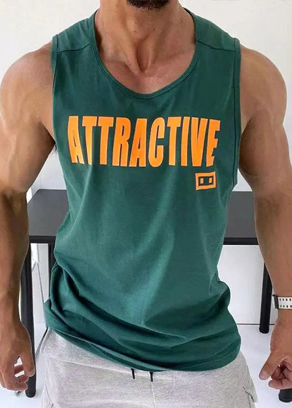 Men Cotton Tank White O Loose Neck Sleeveless Letter