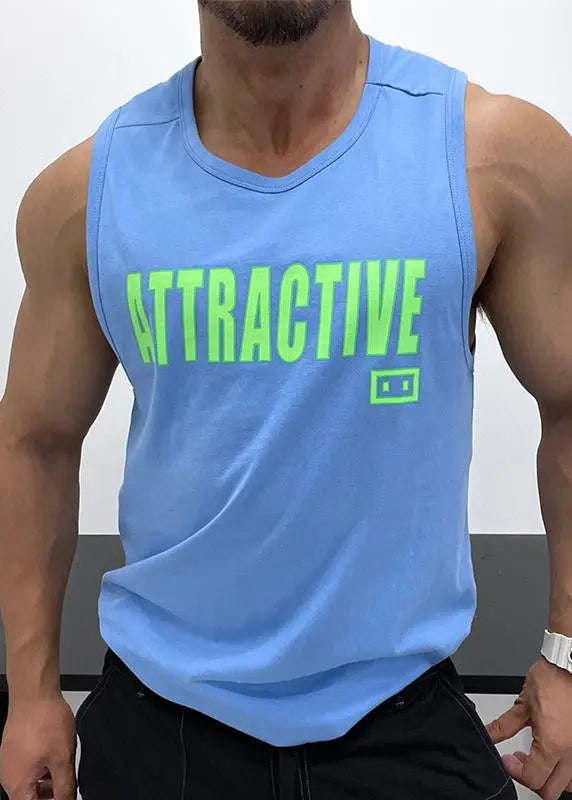 Men Cotton Tank White O Loose Neck Sleeveless Letter