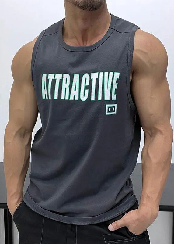 Men Cotton Tank White O Loose Neck Sleeveless Letter