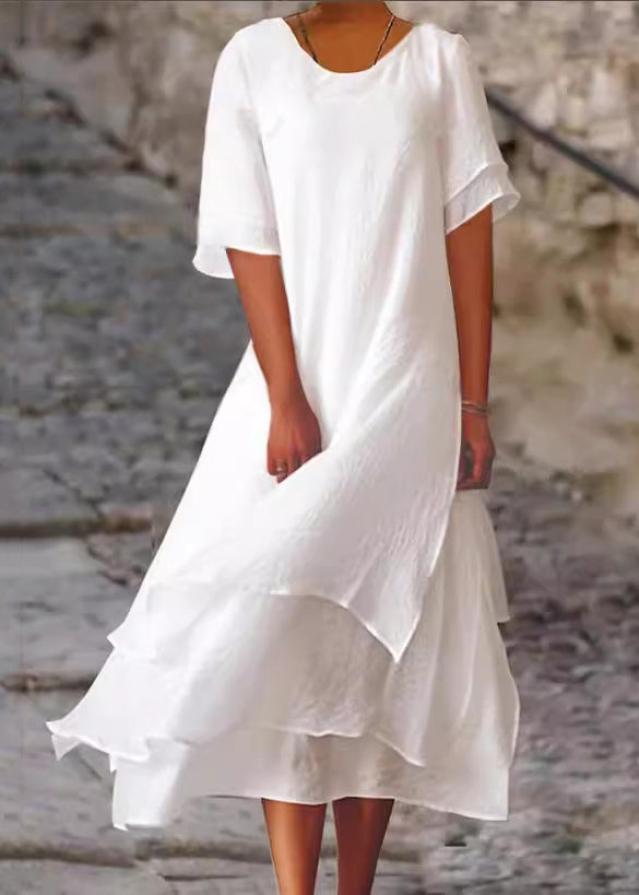 Robe ample en coton blanc à col rond et manches courtes FF069