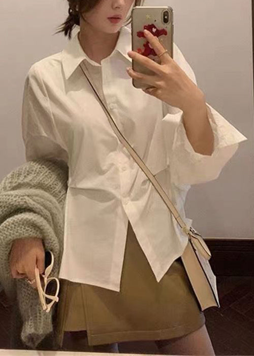 Loose White Peter Pan Collar Button Patchwork Cotton Blouse Spring YH023