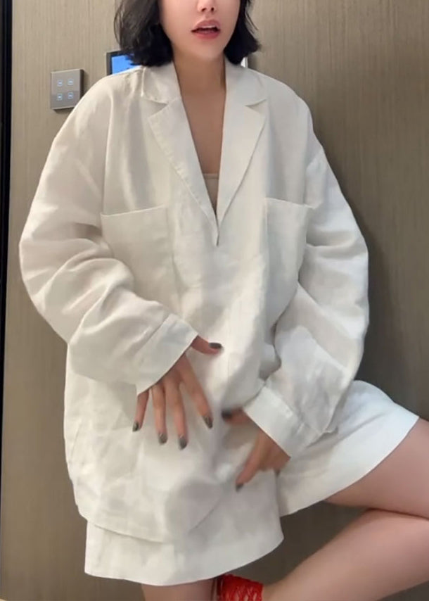 Piece Shorts Shirts Pan Collar Peter Two Linen White Loose And