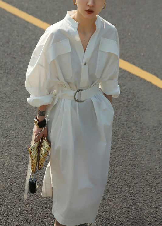 Side Blouses Loose Fall Tie Open White Waist Dress Pockets Cotton