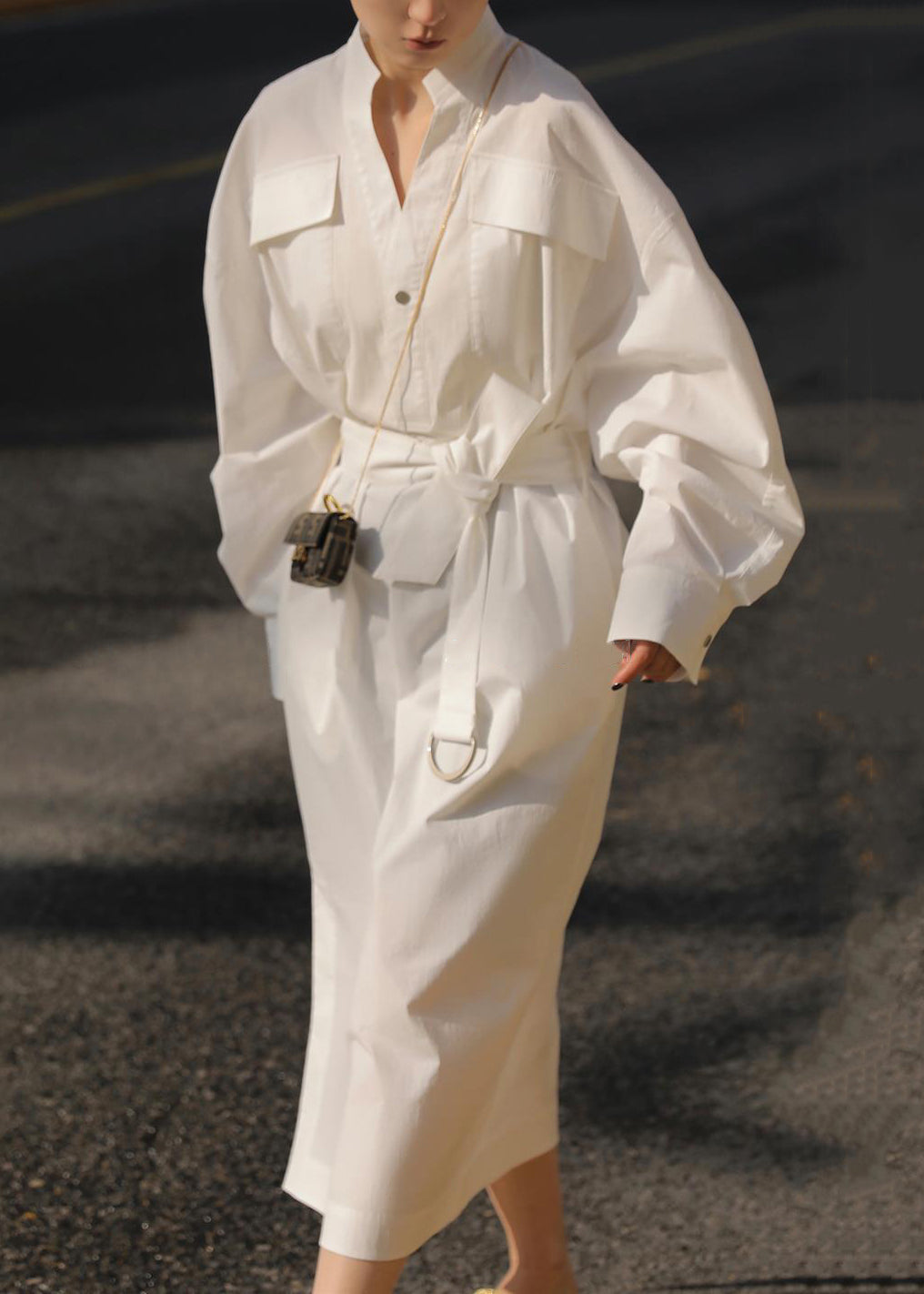 Side Blouses Loose Fall Tie Open White Waist Dress Pockets Cotton