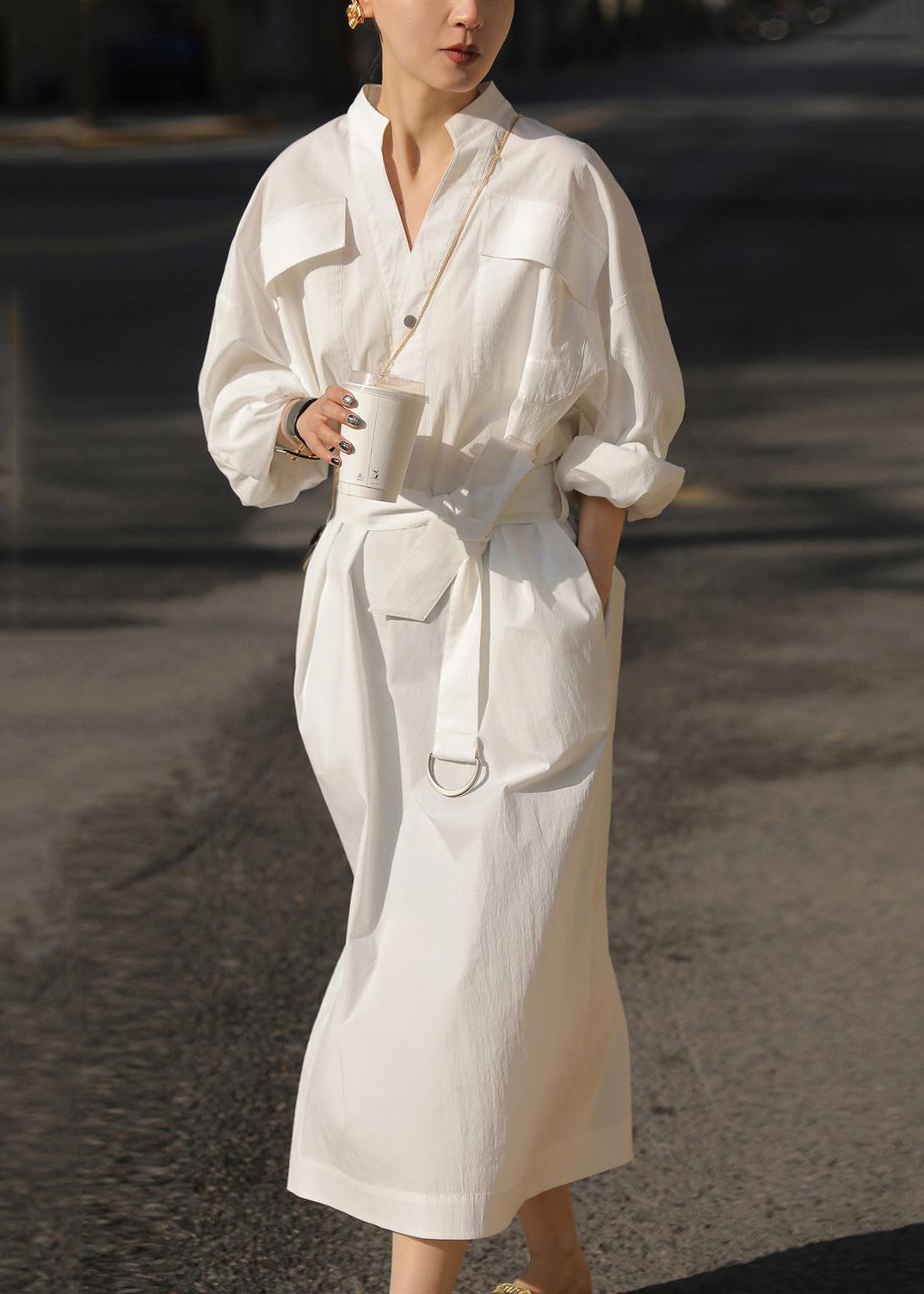 Side Blouses Loose Fall Tie Open White Waist Dress Pockets Cotton