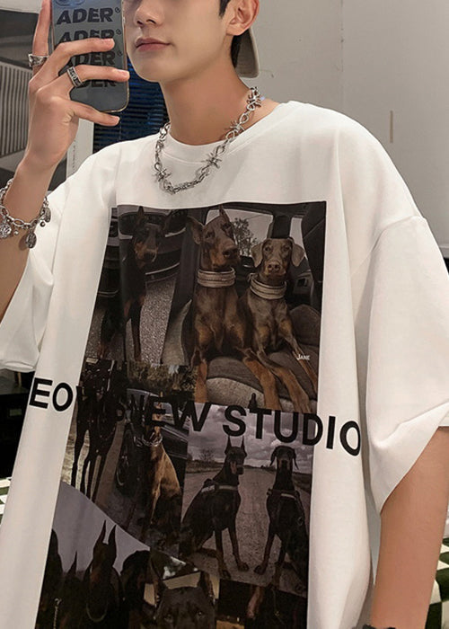 T Cozy Cotton Summer White Loose Mens Shirts Print