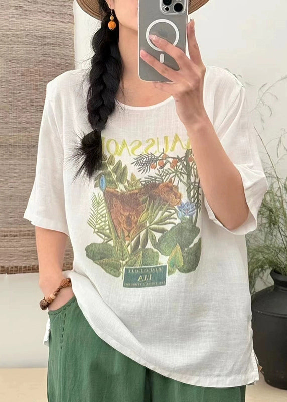 Open Loose Print Shirts White Summer Linen T Side