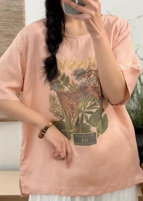 Open Loose Print Shirts White Summer Linen T Side