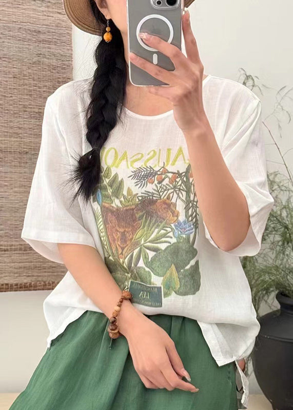 Open Loose Print Shirts White Summer Linen T Side