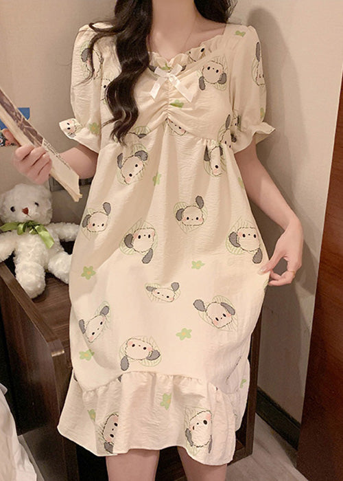 Loose White Ruffled Print Cotton Pajamas Long Dress Summer YK024