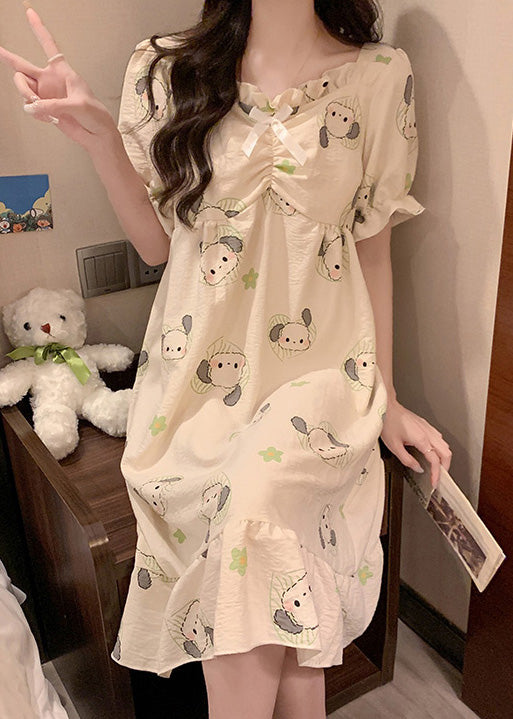 Loose White Ruffled Print Cotton Pajamas Long Dress Summer YK024