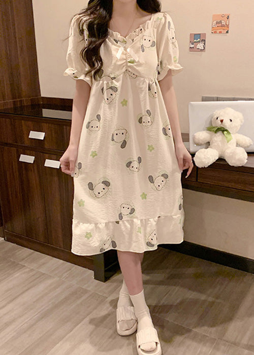 Loose White Ruffled Print Cotton Pajamas Long Dress Summer YK024