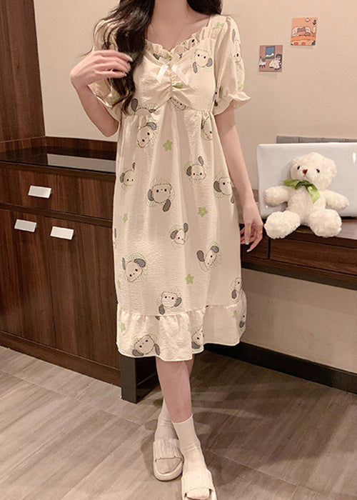 Loose White Ruffled Print Cotton Pajamas Long Dress Summer YK024