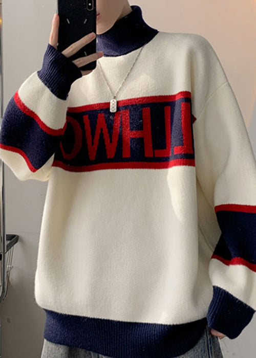 Loose White Turtleneck Letter Patchwork Knit Men Sweater Winter RJ048