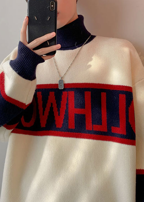 Loose White Turtleneck Letter Patchwork Knit Men Sweater Winter RJ048