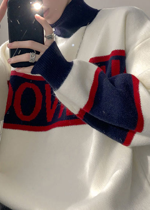 Loose White Turtleneck Letter Patchwork Knit Men Sweater Winter RJ048