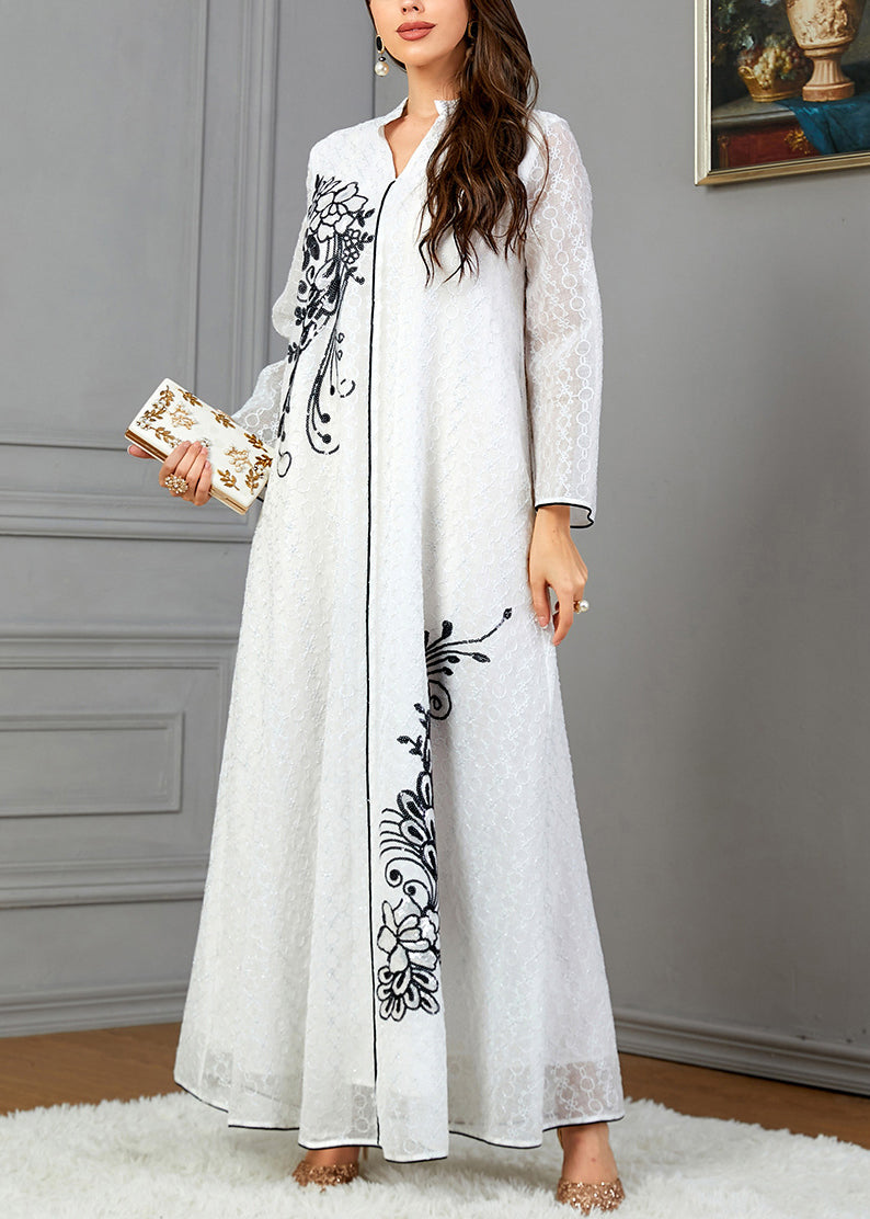 Loose White V Neck Print Cotton Dresses Long Sleeve AA1047