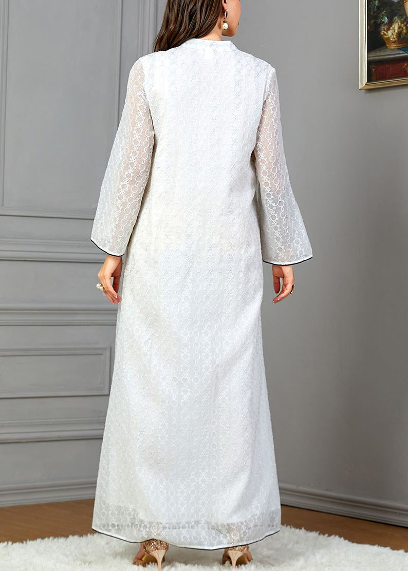 Loose White V Neck Print Cotton Dresses Long Sleeve AA1047