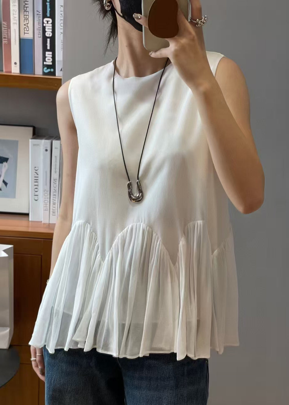 Two-Piece Wrinkled Solid White Sleeveless Chiffon Set Loose