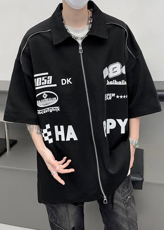 Half Mens Sleeve Cotton Shirt Loose Up Letter Zip White