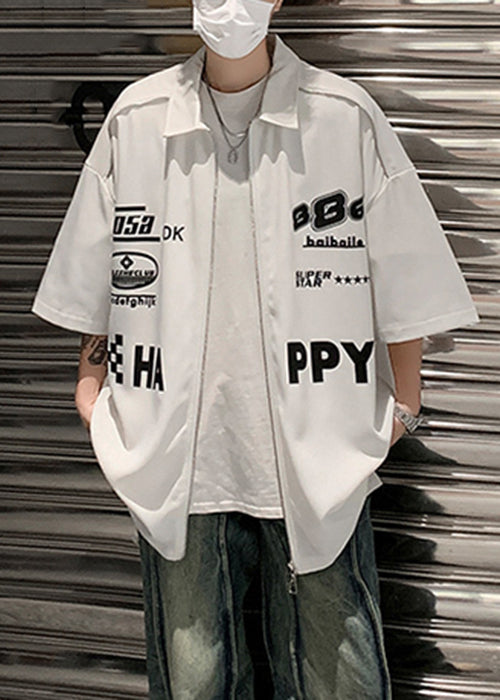 Half Mens Sleeve Cotton Shirt Loose Up Letter Zip White