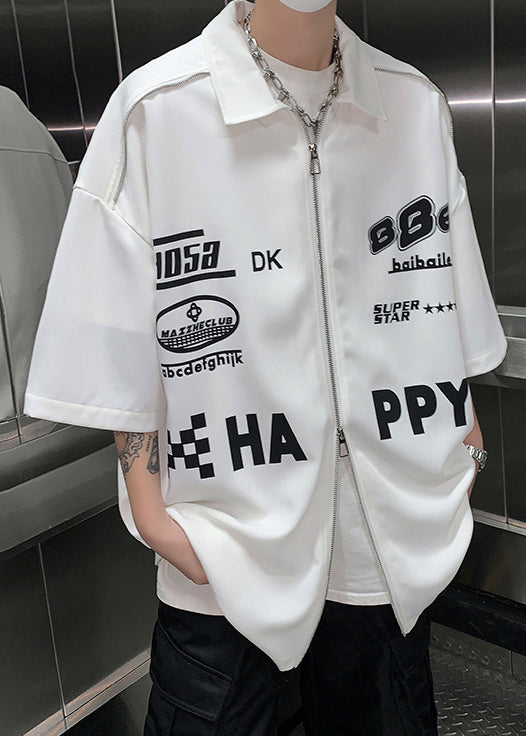 Half Mens Sleeve Cotton Shirt Loose Up Letter Zip White