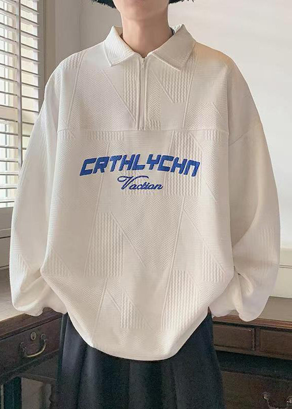 Loose White Zippered Letter Cotton Men Polo Sweatshirts Spring TC034