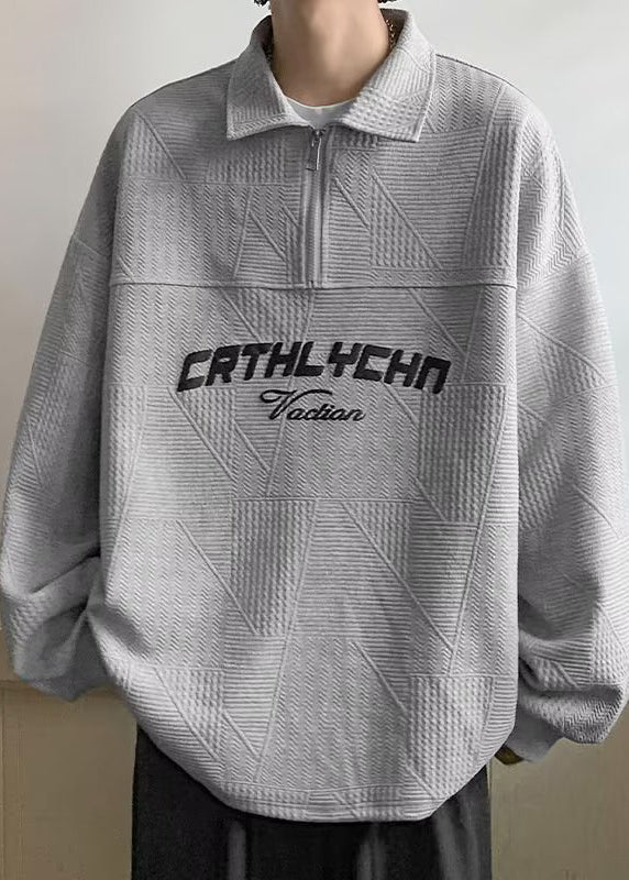 Loose White Zippered Letter Cotton Men Polo Sweatshirts Spring TC034