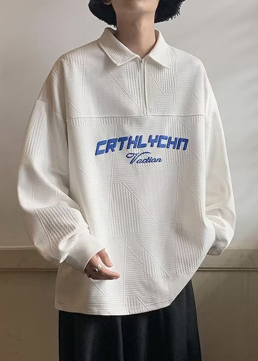 Loose White Zippered Letter Cotton Men Polo Sweatshirts Spring TC034