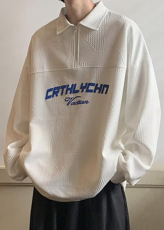 Loose White Zippered Letter Cotton Men Polo Sweatshirts Spring TC034