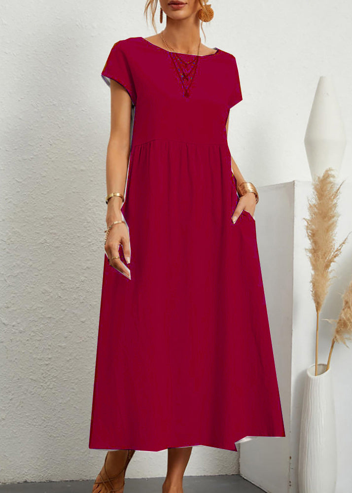 Loose Wine Red O Neck Pockets Solid Cotton Long Dresses Summer QE030