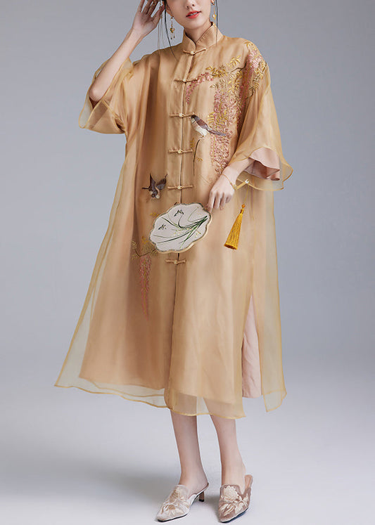 Loose Yellow Embroidered Button Silk Dress Flare Sleeve Ada Fashion