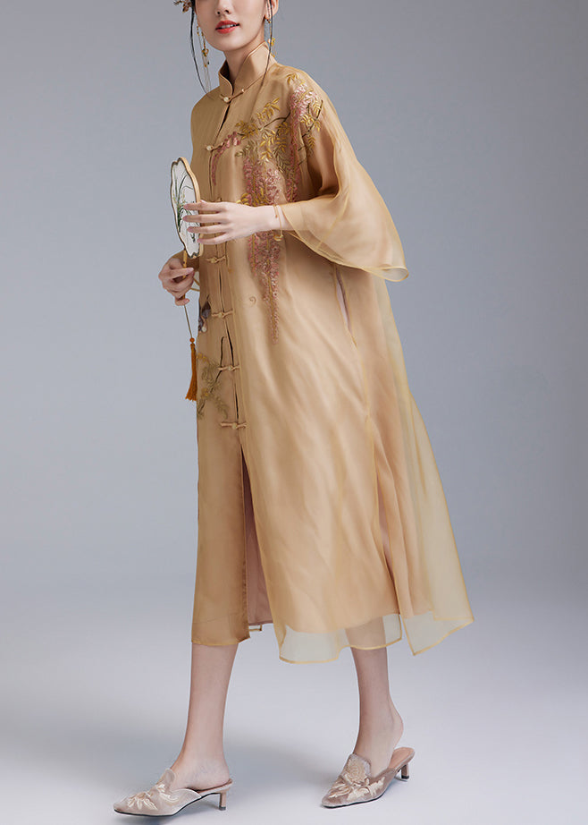 Loose Yellow Embroidered Button Silk Dress Flare Sleeve Ada Fashion