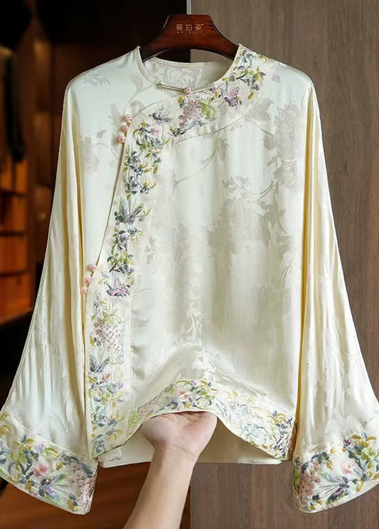 Loose Yellow Embroidered Oriental Button Silk Blouses Spring YF014