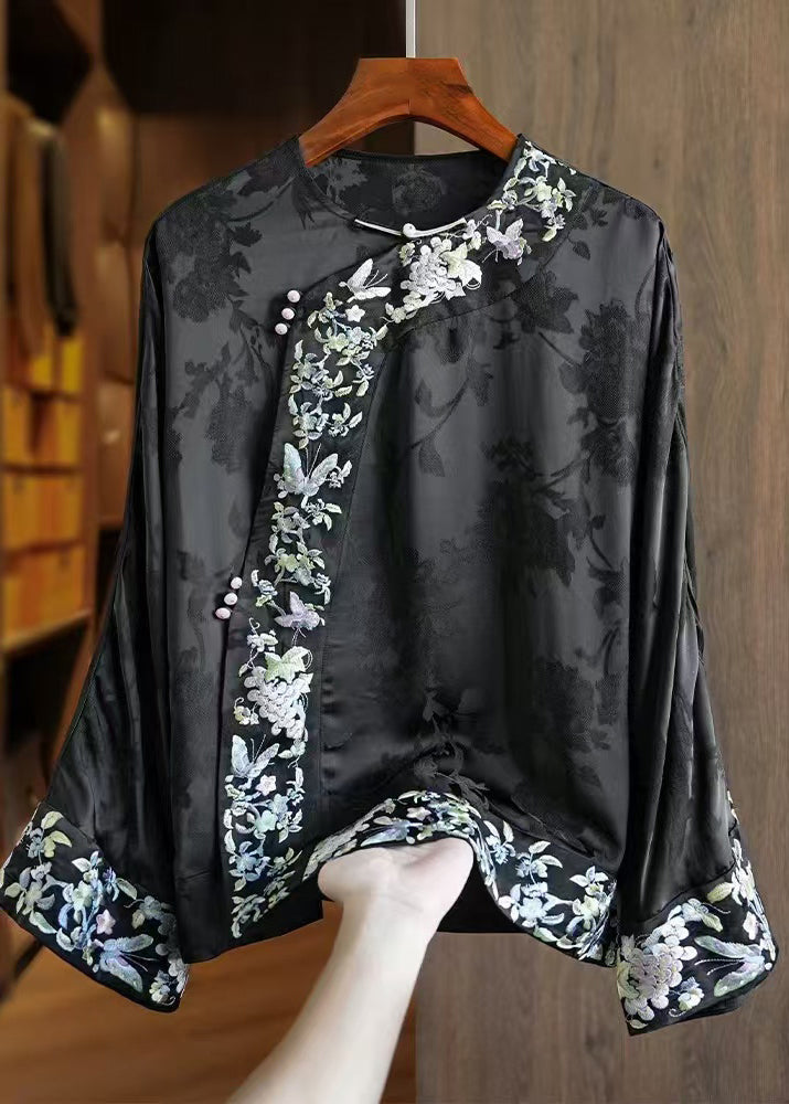 Loose Yellow Embroidered Oriental Button Silk Blouses Spring YF014