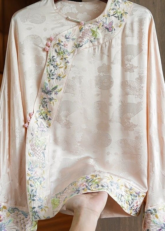 Loose Yellow Embroidered Oriental Button Silk Blouses Spring YF014