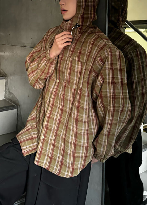 Men Yellow Hooded Loose Shirts Plaid Spring Cotton