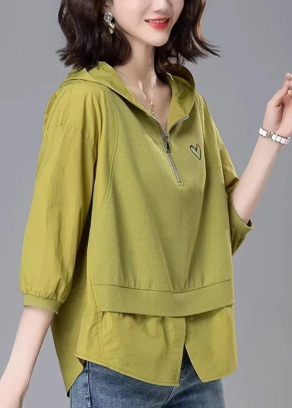 Zippered Cotton Hooded Yellow Patchwork Summer Loose Tops