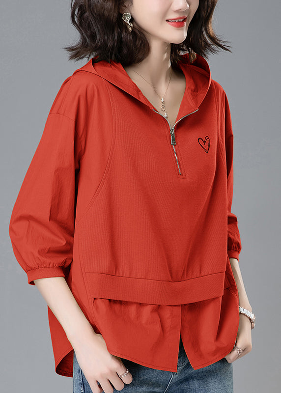 Zippered Cotton Hooded Yellow Patchwork Summer Loose Tops